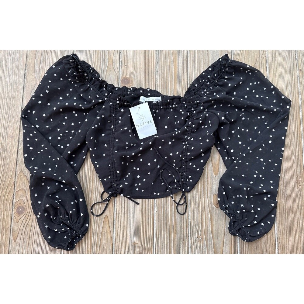 NWT Native Daughters Black White Stars Balloon Sheer Sleeve Crop Blouse Top - M